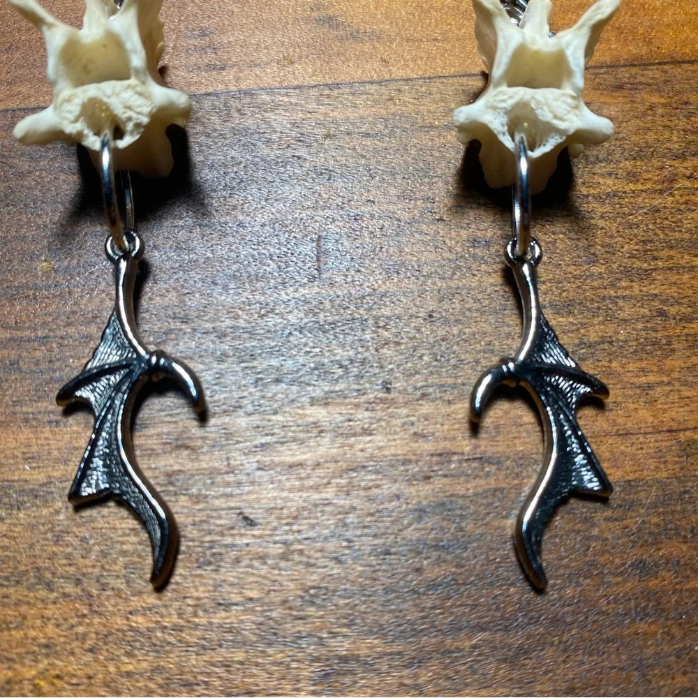 Real Possum Vertebrae Bone Batwing Earrings - Picture 3 of 7